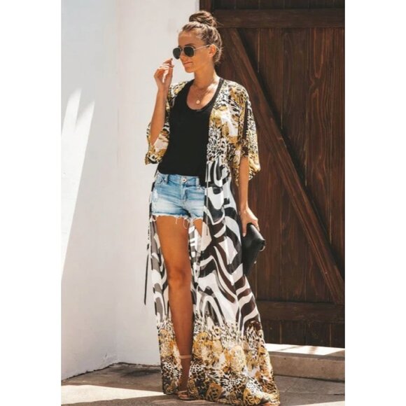 Animal Zebra Print Long Maxi Kimono Cardigan‎ Bikini Swimsuit Cover Up Beachy - Picture 2 of 4
